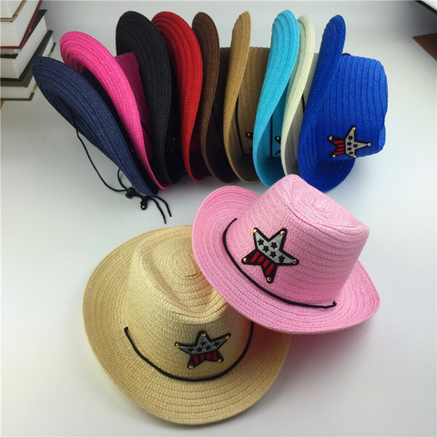 Outdoor children's jazz cowboy hat summer straw hat boys and girls five-pointed star patch sun hat cute children's beach visor ► Photo 1/6