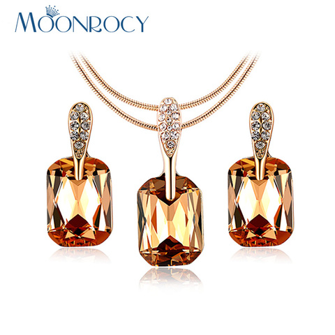MOONROCY Free Shipping Jewelry Cubic Zirconia Rose Gold Color Brown Blue Crystal Necklace and Earrings Jewelry Set for Women ► Photo 1/6
