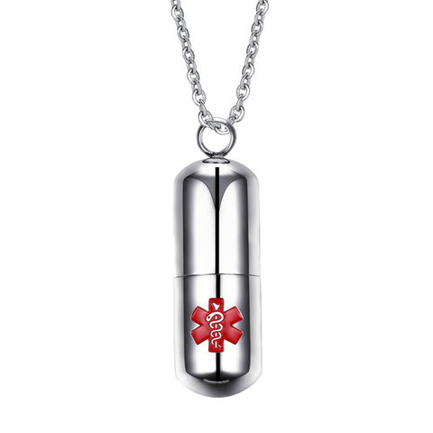 Men Women Medical Alert Identification Necklace Pill Shape Container Storage Box Charm Pendant Stainless Steel ► Photo 1/6