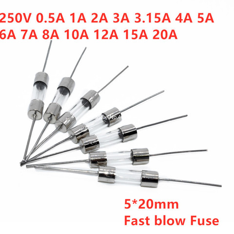 20Pcs 5*20mm Straight pin Fast blow Glass fuse 5x20mm 250V 0.1A 0.5A 1A 2A 3A 3.15A 4A 5A 6A 8A 10A 12A 15A ► Photo 1/1