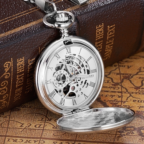 New OYW Brand Stainless Steel Men Fashion Casual Pocket Watch Skeleton dial Silver Hand Wind Mechanical Male Fob Chain Watches ► Photo 1/6