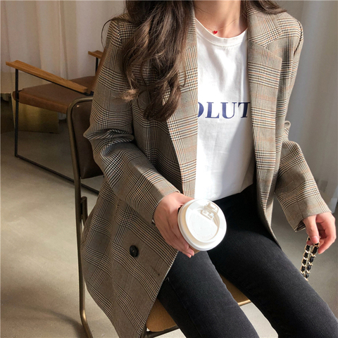 Office Ladies Notched Collar Plaid Women Blazer Double Breasted Autumn Jacket 2022 Casual Pockets Female Suits Coat ► Photo 1/6
