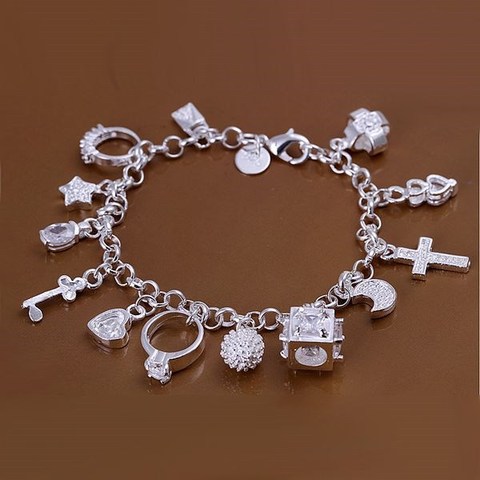 S925 sterling Silver color 13 charms bracelets bracelets  fashion women jewelry  h144 ► Photo 1/4