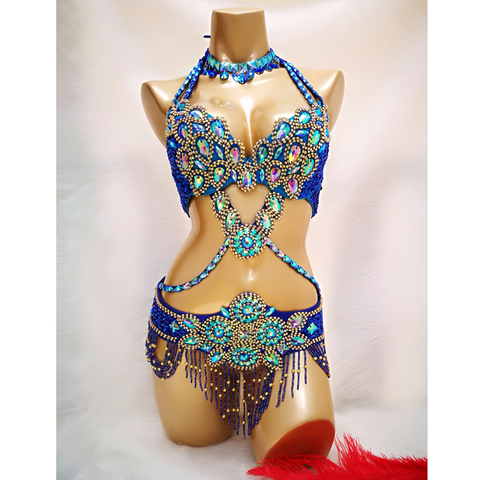 Hot sale Women's beaded Crystal belly dance costume wear Bar+Belt+Necklace 3pc set sexy bellydancing costumes bellydance clothes ► Photo 1/6