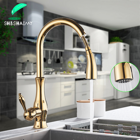 SHBSHAIMY Golden Pull out Kitchen sink faucet 360 Rotation Two Outlet Water Modes Single Classic Handle Cold Hot Mixer Taps ► Photo 1/6