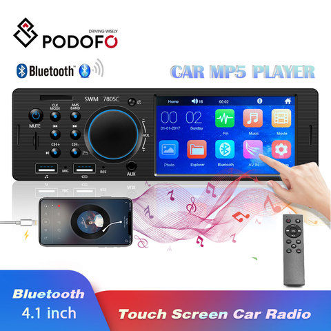 Podofo Bluetooth Autoradio Car Stereo Radio Touch Screen FM Aux Input SD USB AUX 12V In-dash 1 din 4.1