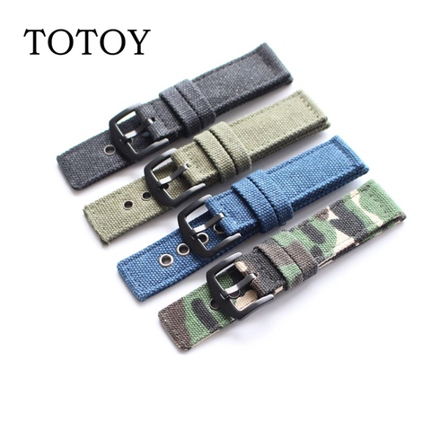 TOTOY Pure Canvas Leather Watchbands, 20MM / 22MM/24MM Mens Denim Canvas Strap, Sporty Military Watch Watchbands, Movement Style ► Photo 1/2