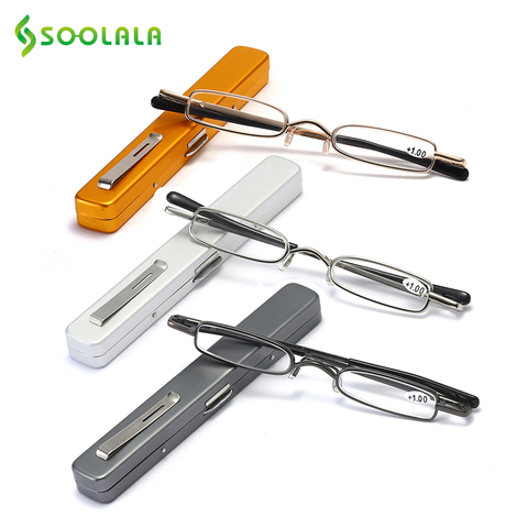SOOLALA Mini Folding Reading Glasses w/ Pen Clip Case Presbyopic Glasses Golden Magnifier Eyewear Small Reading Glasses Foldable ► Photo 1/6