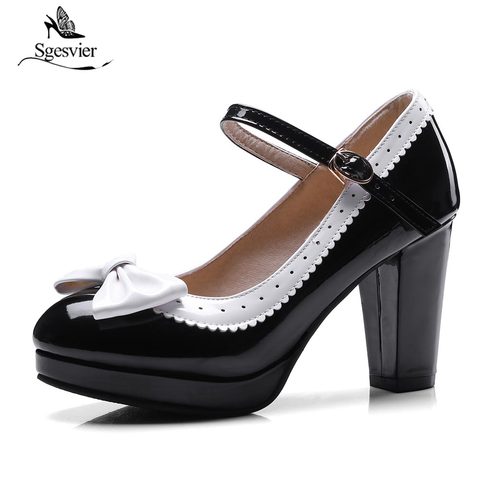 Sgesvier New Autumn Lolita Womens Shoes Bowtie Block Thick High Heels Ankle Strap Mary Jane Pumps Lady Plus Size 32-48 B211 ► Photo 1/6