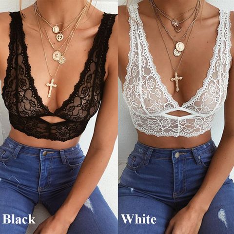 1PC Plus Size Summer Slim Deep V Sexy Bra Lace Embroidery Push Up Strappy lingerie Women Shaping Padded Underwear Crop Bra Top ► Photo 1/6