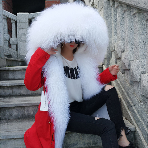 MAOMAOKONG Women Coat Winter Long Sleeve Loose Outer Coats Big Natural mongolia sheep fur Collar Long Parka ► Photo 1/1