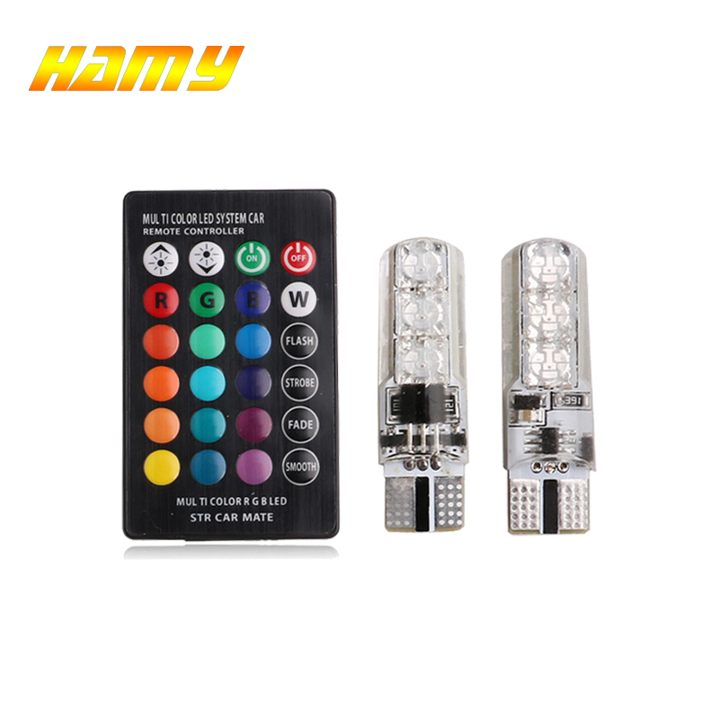2 x T10 W5W 5050 6SMD RGB LED Multi Color Light Car Wedge Bulbs Remote Control