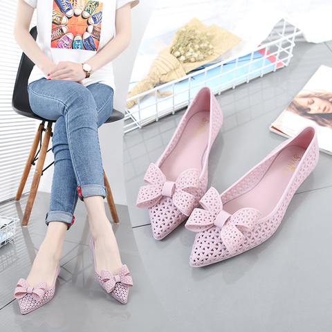 EOEODOIT Summer Jelly Shoes Beach Sand Cozy Hollow Out Sandals Flat Heel Pointy Toe Slip On Women Rain Flats With Bowknot ► Photo 1/6