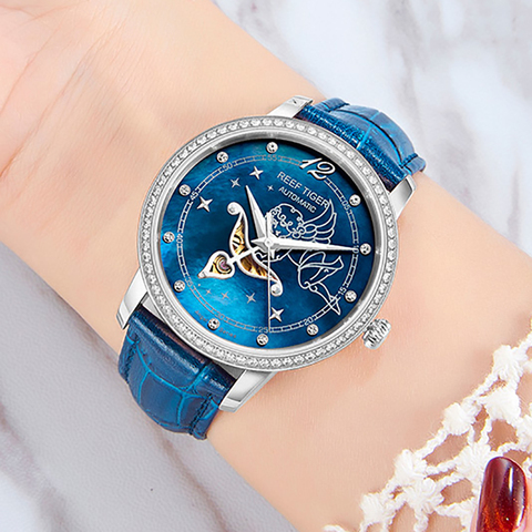 New Reef Tiger/RT Fashion Womens Watches Blue Dial Stainless Steel Watches for Lover Diamonds Ladies Watches RGA1550 ► Photo 1/6