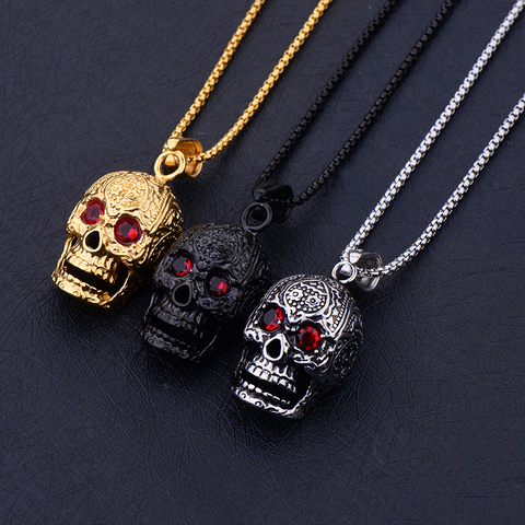 Hot Sale Titanium Steel Gold Black Color Skull Pendant Necklace with CZ Crystal Punk Rock Men's Jewelry Brother Gift ► Photo 1/6