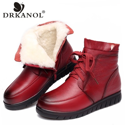 DRKANOL 2022 Women Snow Boots Vintage Genuine Leather Natural Wool Fur Winter Warm Ankle Boots For Women Flat Mother Shoes H7075 ► Photo 1/6