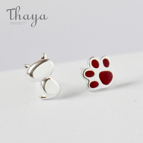 Thaya 925 Silver Jewelry Red Cute Cat Paw Stud Korean Asymmetric Earrings Female Earrings Oorbellen Boucle D'oreille for Women ► Photo 1/5