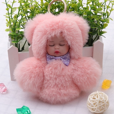 Fashion Faux Rex Rabbit Fur Sleeping Baby Toy Key Chain Woman Bag Charms Gold Ring Fluffy Pom Pom Doll Keychain Party Trinket ► Photo 1/6