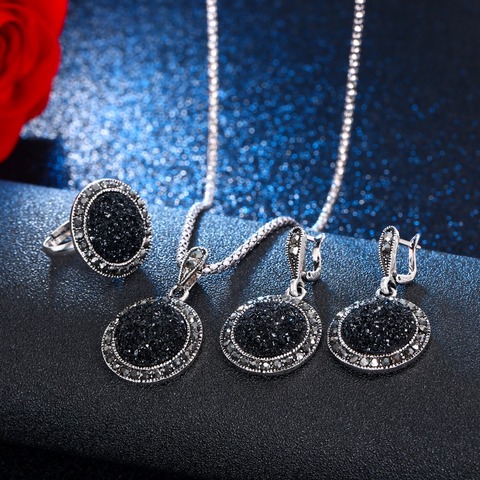 VKME Vintage Crystal Round Jewelry for Women Charm Necklace Earrings Color Black Fashion Party Earring Jewelry New arrival ► Photo 1/5
