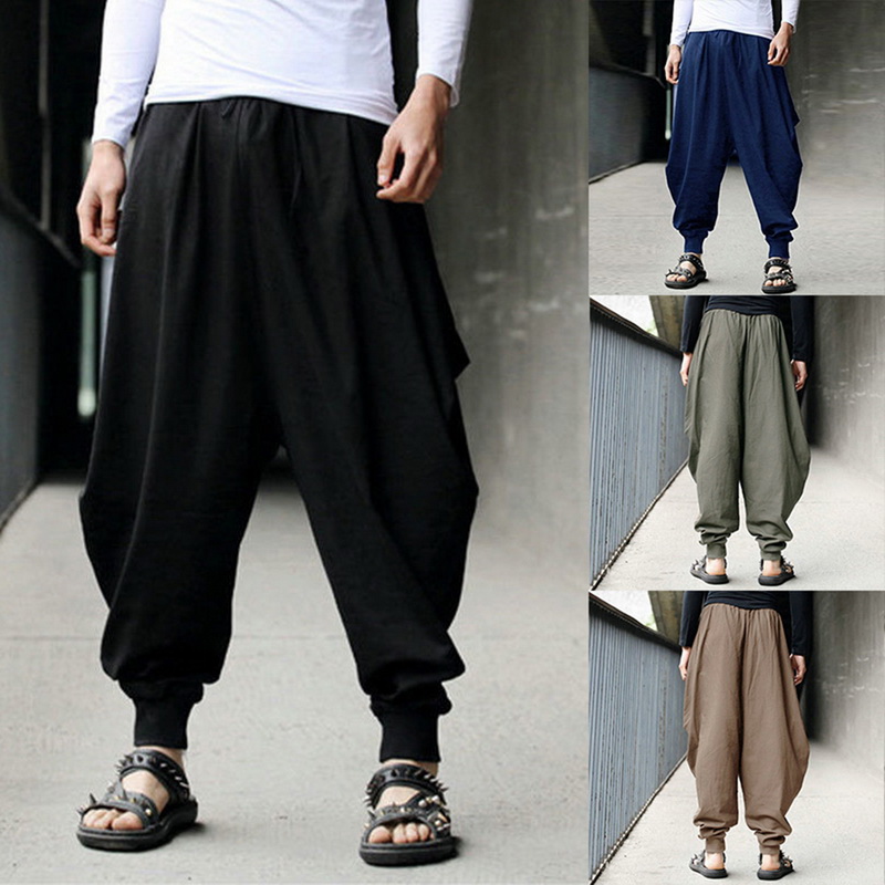 Mens Gothic Pleated Casual Wide-leg Pants Loose Baggy Crotch Pants Trousers Size