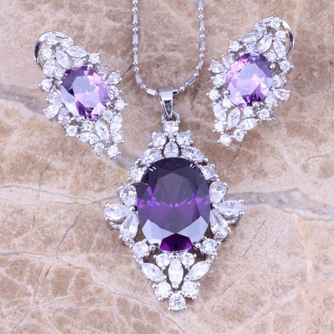 Noblest Purple Cubic Zirconia White CZ Silver Plated Earrings Pendant Necklace Fashion Jewelry Sets S0798 ► Photo 1/3