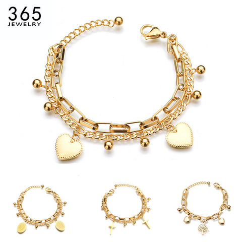 High Quality Stainless Steel Women Pendant Bracelet Trendy Round Pearl Multilayer Link Chain Charm Pulseras Birthday Gift ► Photo 1/6