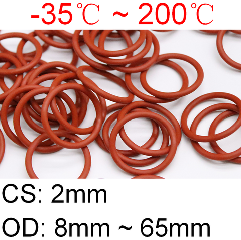 10pcs VMQ O Ring Seal Gasket Thickness CS 2mm OD 8 ~ 65mm Silicone Rubber Insulated Waterproof Washer Round Shape Nontoxi Red ► Photo 1/5