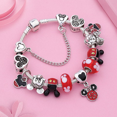 2022 Classic Design Red Crystal Mickey Minnie Pendant Bead Bracelet Silver Color Heart Charm Jewelry Bracelet Pulsera Mujer ► Photo 1/5