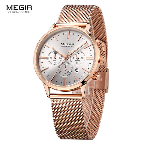 MEGIR Women Stainless Steel Mesh Bracelete Quartz Watches Chronograph 24 Hours Date Display Analogue Wristwatch for Lady 2011L ► Photo 1/1