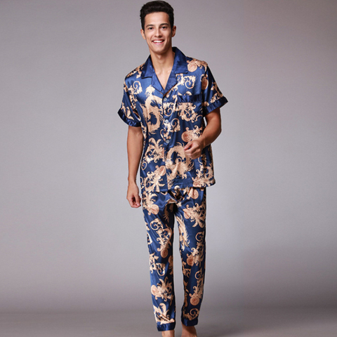 SSH021 Autumn Summer Loungewear Short Sleeves Long Pants Pajama Set Men Printed Satin Silk Pyjamas Male Pajamas Pijama Sleepwear ► Photo 1/6