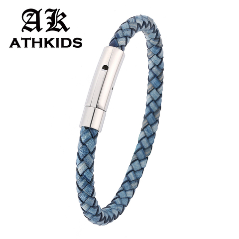 New Fashion Men Blue Genuine Leather Bracelet Simple Stainless Steel Button Neutral Accessories Hand-woven Jewelry Gifts PD0240 ► Photo 1/6