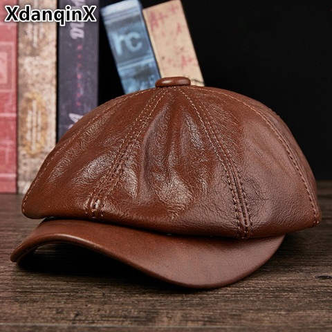 XdanqinX Genuine Leather Hat Autumn Men's Cowhide Leather Beret Elegant Fashion Young Student Tongue Cap Snapback Caps For Men ► Photo 1/6