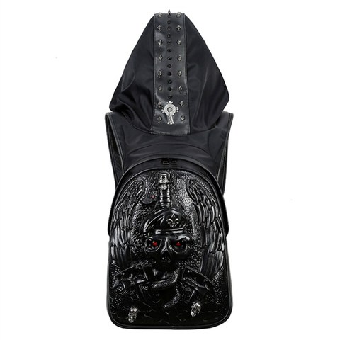 Mens Back Pack Bags With Hood Cap 3D Fashion Personality Skull Leather Backpack Rivets Apparel Bag Japanese Bag Backpack ► Photo 1/1