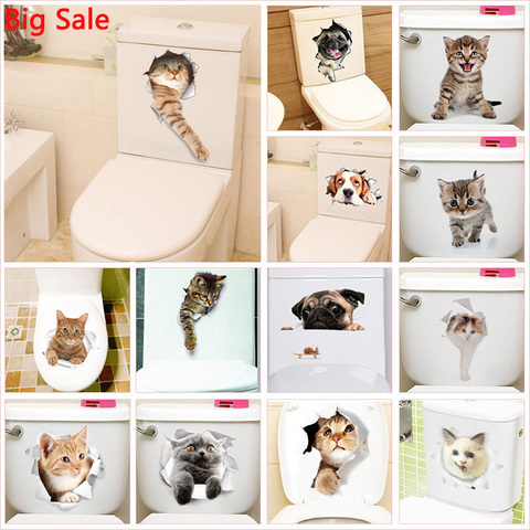 Vivid 3d Hole Cat Dog Animal Toilet Stickers Home Decoration Diy Wc Washroom Pvc Posters Kitten Puppy Cartoon Wall Art Decals ► Photo 1/6