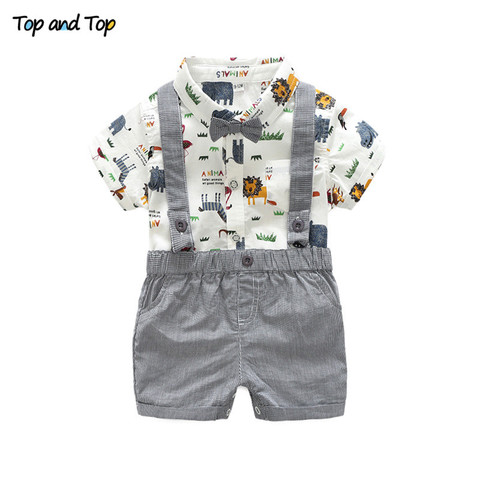Top and Top Summer Toddler Baby Boy Gentleman Clothing Set Short Sleeve Printed Bow Tie Romper Shirt + Suspenders Shorts ► Photo 1/6