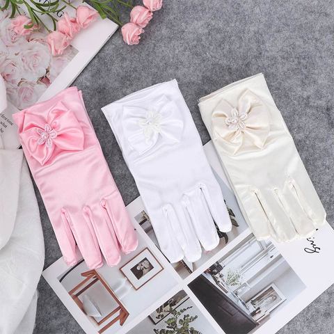 1 pair Lovely Elastic Girl Etiquette Performance Gloves Satin Pearl Flower Lace Bow Gloves Short Children Princess Dance Gloves ► Photo 1/6