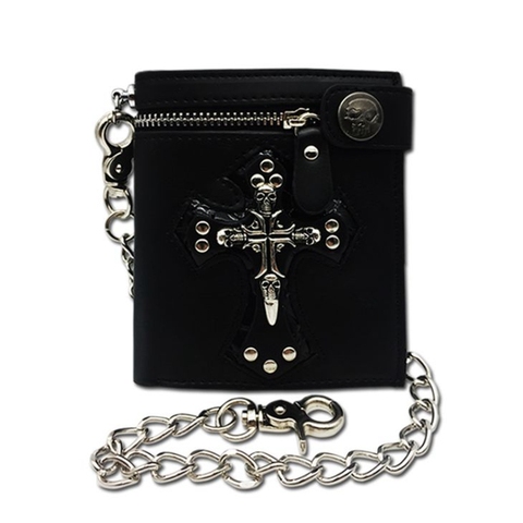 Brand New Men Vintage Short Purse Boys Goth Skull Head Cross Black PU Leather Biker Punk Snap Zipper Wallet with Long Key Chain ► Photo 1/6