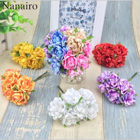 6pcs/lot Mini Silk Artificial Rose Flowers Bouquet For Home Wedding Decoration Gift Box Craft DIY Scrapbooking Fake Flower Ball ► Photo 1/6