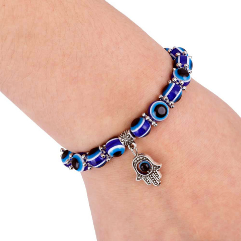 Fashion Silver Color Blue Evil Eye Hamsa Hand Fatima Palm Bracelets for Women Bead charm bracelet Ethnic style Handmade Jewelry ► Photo 1/5