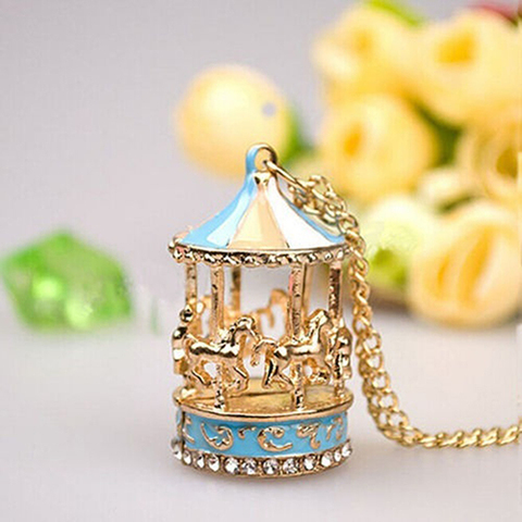 Sweet Enamel Carousel Merry Go Round Horse Charm Pendant Sweater Necklace Fashion Luxury rhinestone decort long chain necklace ► Photo 1/3