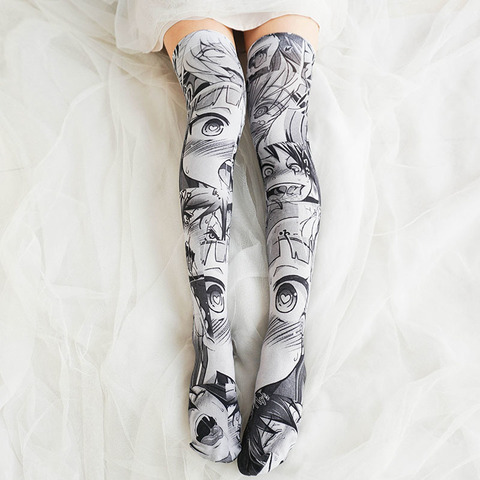 Ahegao Anime Printed Stockings Lolita Girls Gothic Velvet Overknee Tights Socks