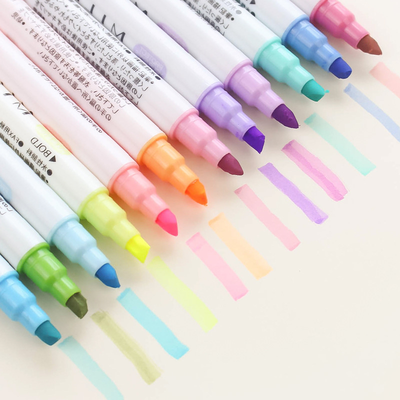 Cute 12 colors Mild liner Pens Highlighter Dual Double Headed