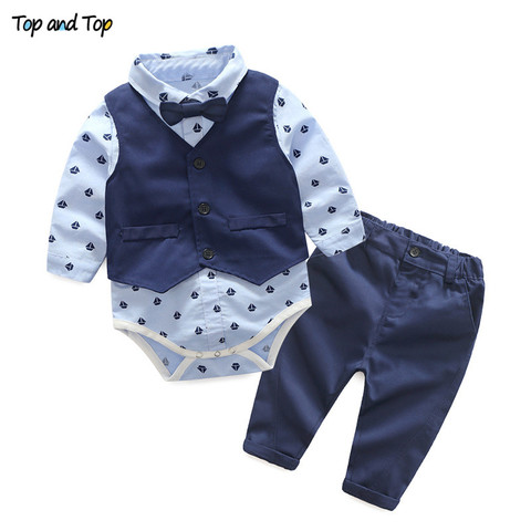 Top and Top Autumn Fashion infant clothing Baby Suit Baby Boys Clothes Gentleman Bow Tie Rompers + Vest + pants Baby Set ► Photo 1/6