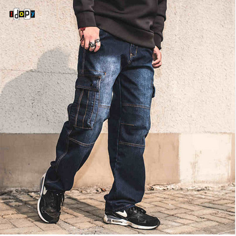 Idopy Fashion Men`s Biker Jeans Heavy Duty Multi Pockets Japanese Style Loose Fit Plus Size Cargo Denim Pants For Hipster ► Photo 1/6