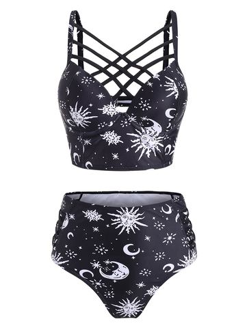 Wipalo Women Cute Sun Star Moon Lattice High Waisted Tankini Swimsuit Ladies Two Pieces Bathing Suit Casual Summer Beach Wear ► Photo 1/6