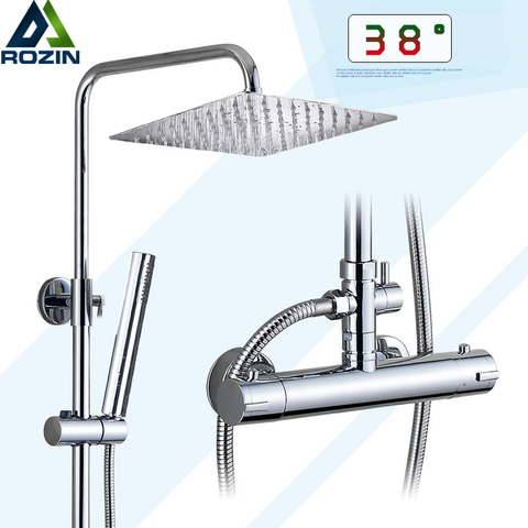 Chrome Thermostatic Bathroom Shower Faucet Set Dual Handle Rainfall 8