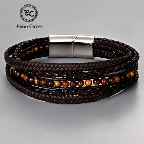 Fashion Braided Multi-layer Genuine leather Bracelets Men Tiger eye Stone Rope Stainless Steel Charm bracelet Women Male Jewelry ► Photo 1/6