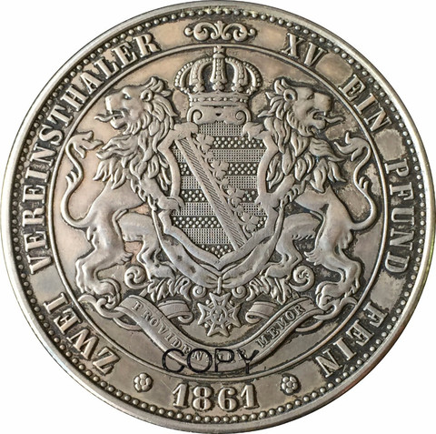 German States  2 Vereinsthaler 1861 King Johann of Saxony Brass Plated Silver Copy Coins ► Photo 1/3