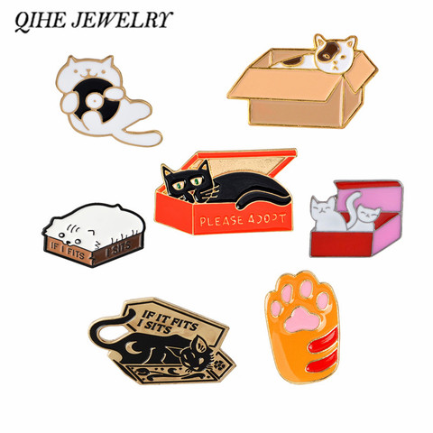 QIHE JEWELRY Cat In A Box Pins Collection Paw Cat Print Brooches Cat Lapel pin Kitty Badges Women Girl Animal lover Jewelry ► Photo 1/6
