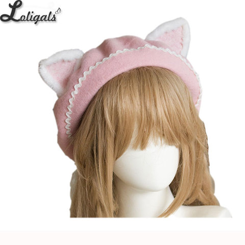 Lovely Women's Cat Ear Berets Cute Mori Girl Wool Berets for Winter Pink White ► Photo 1/6